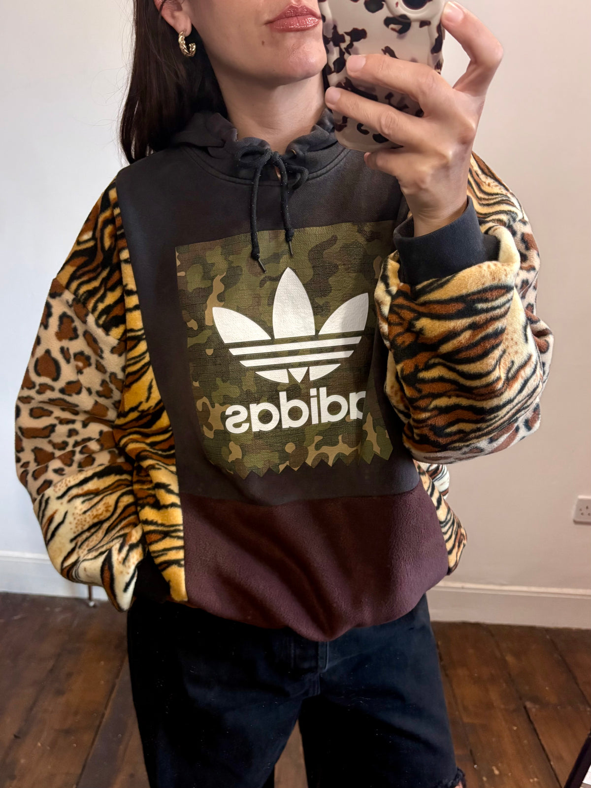 Y2K black adidas camouflage logo tiger and leopard fleece patchwork hoodie sweatshirt.