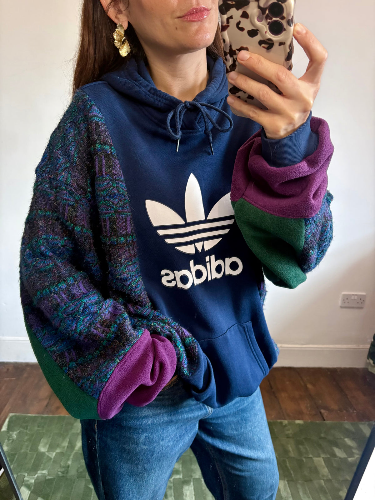Vintage adidas trefoil logo funky pattern knit patchwork hoodie sweatshirt.
