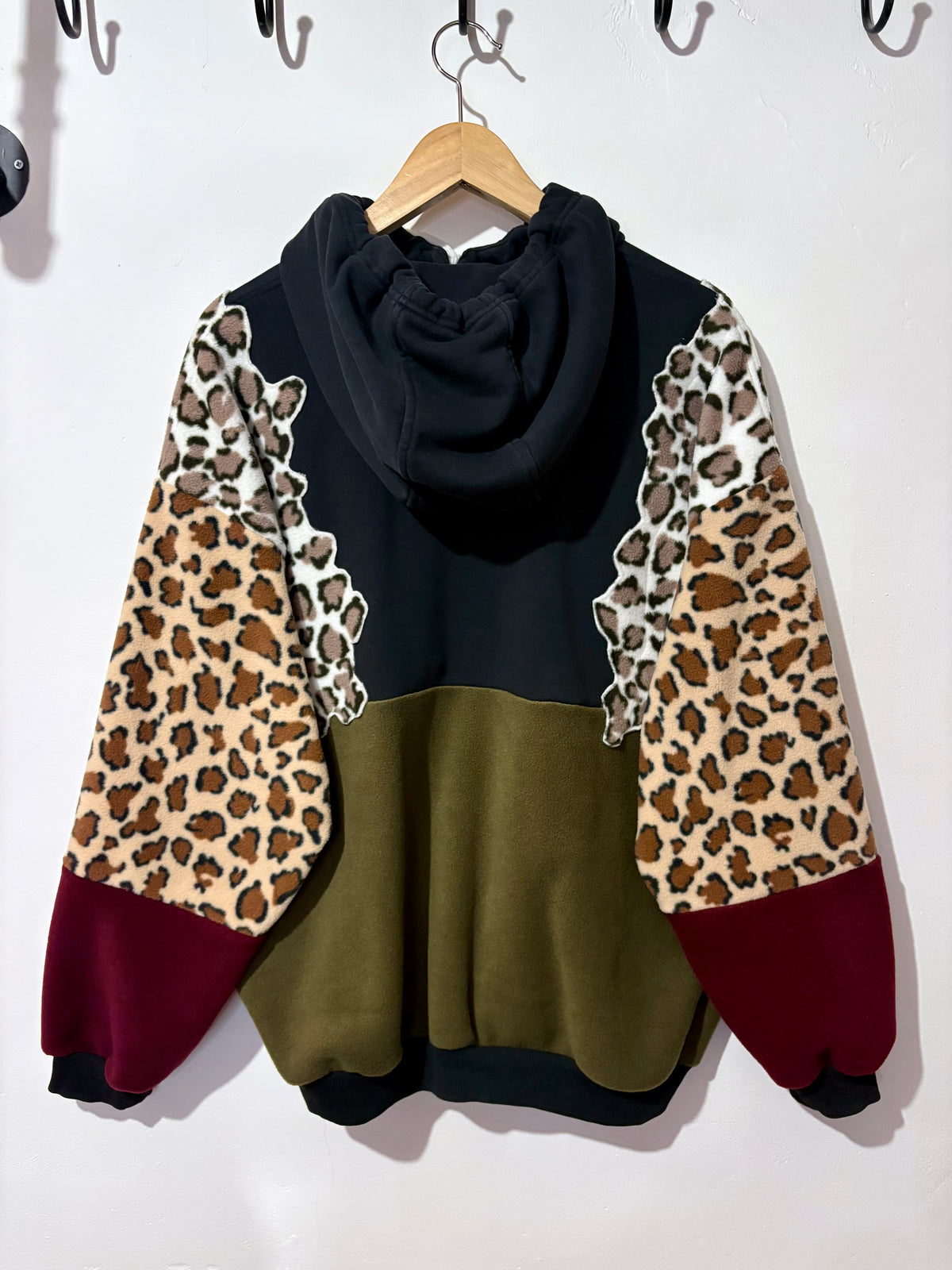 Y2K black adidas logo leopard print, khaki and burgundy fleece patchwork hoodie sweatshirt.