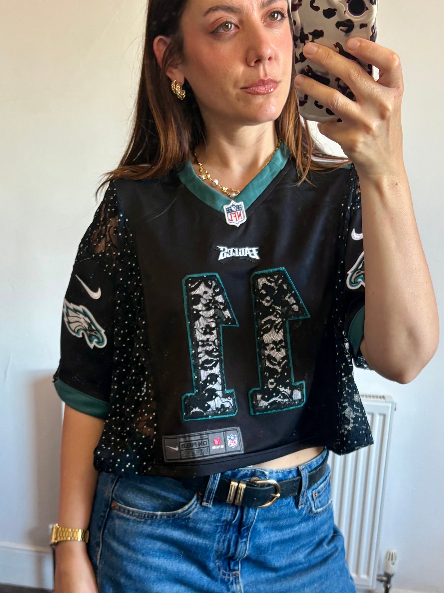 Vintage Y2K Nike NFL Philadelphia Eagles polka dot lace sheer mesh cropped jersey tshirt.