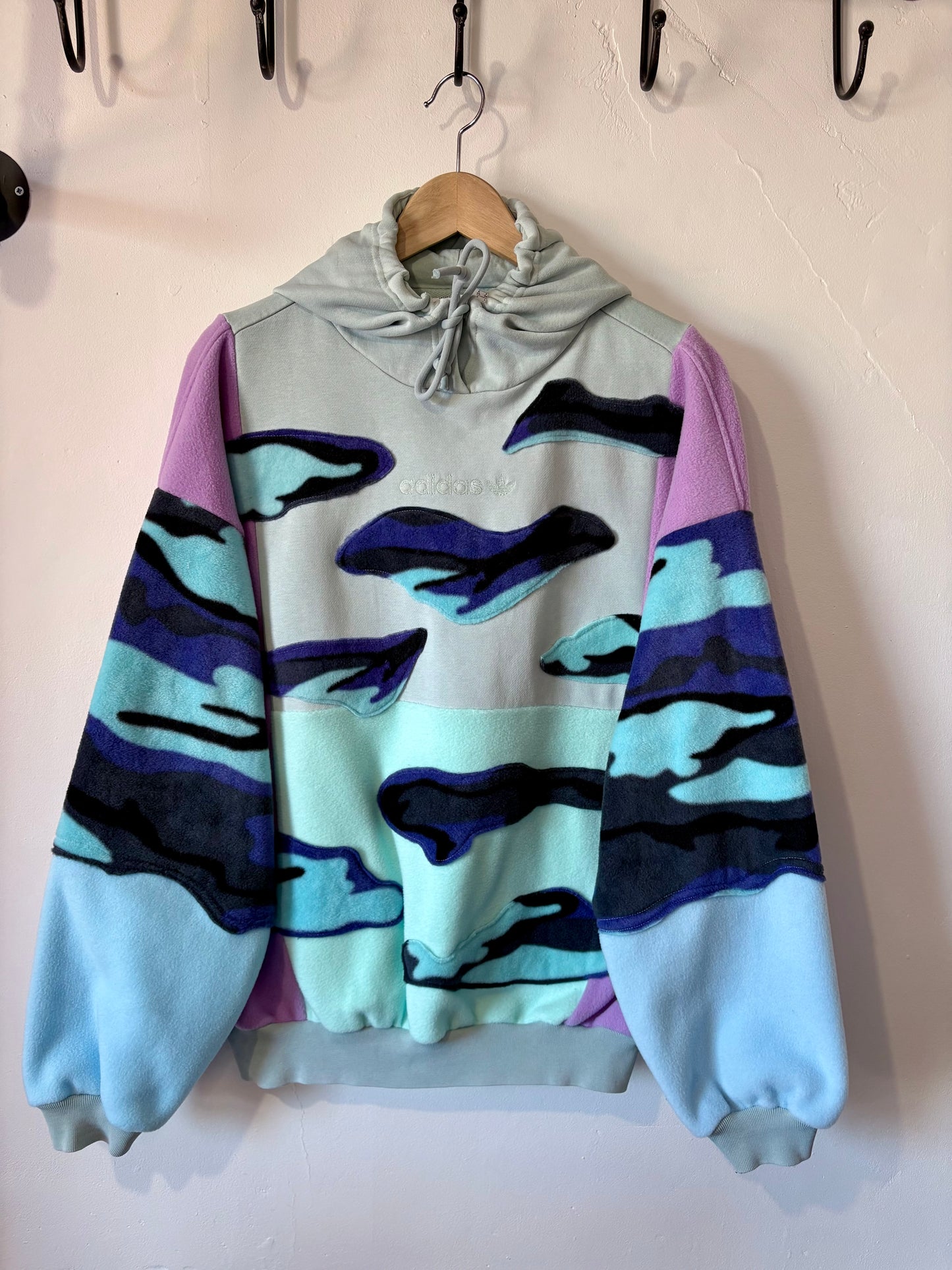 Y2K mint green adidas pastel camouflage patchwork fleece hoodie sweatshirt.