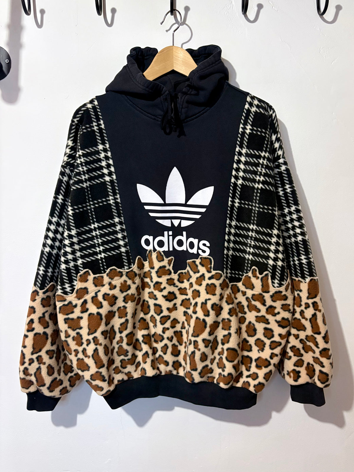 Y2K black adidas logo checked tartan and leopard print hoodie sweatshirt.