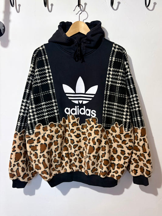 Y2K black adidas logo checked tartan and leopard print hoodie sweatshirt.
