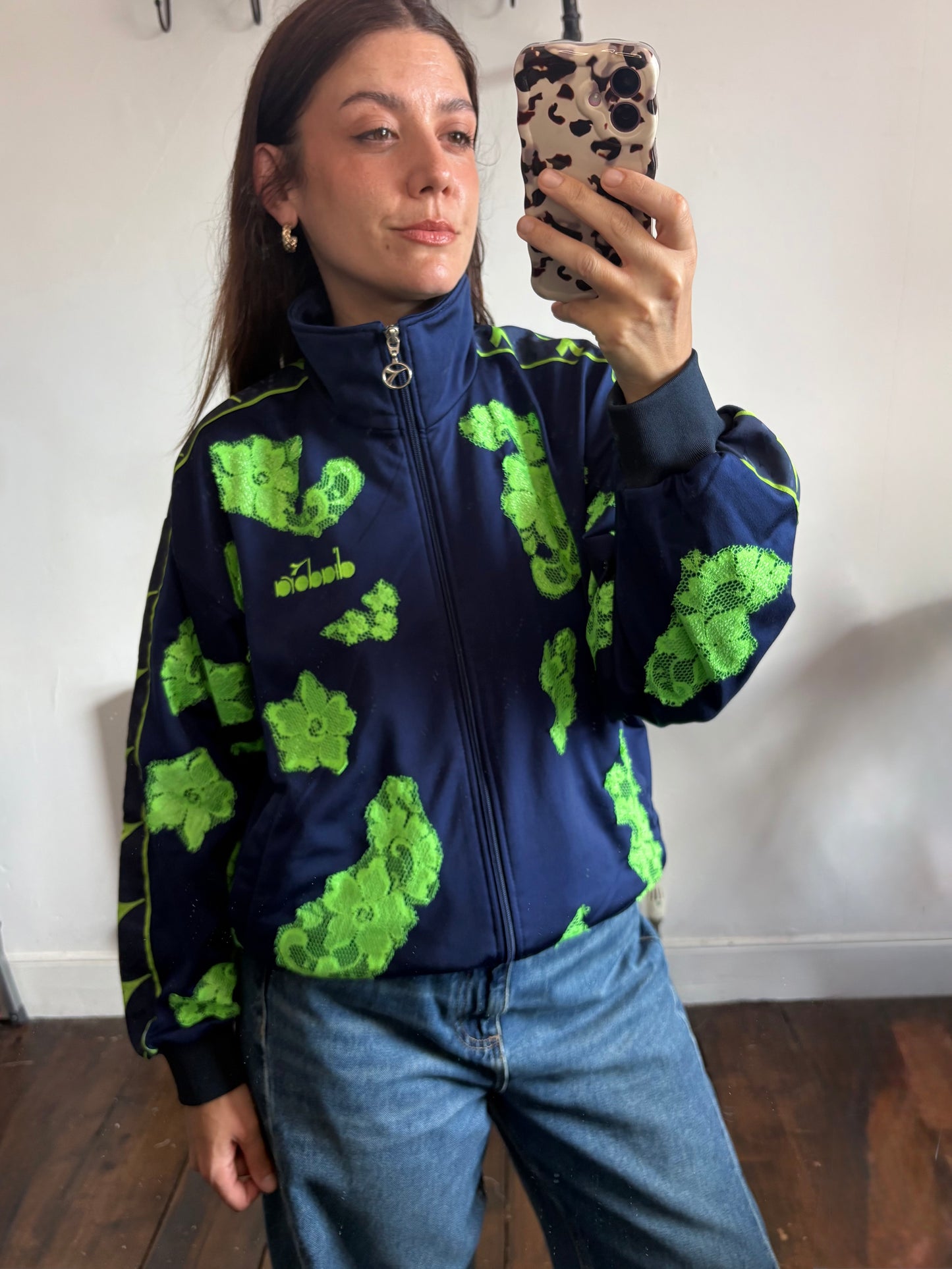 Vintage Y2K diadora lime green  lace patchwork track jacket.