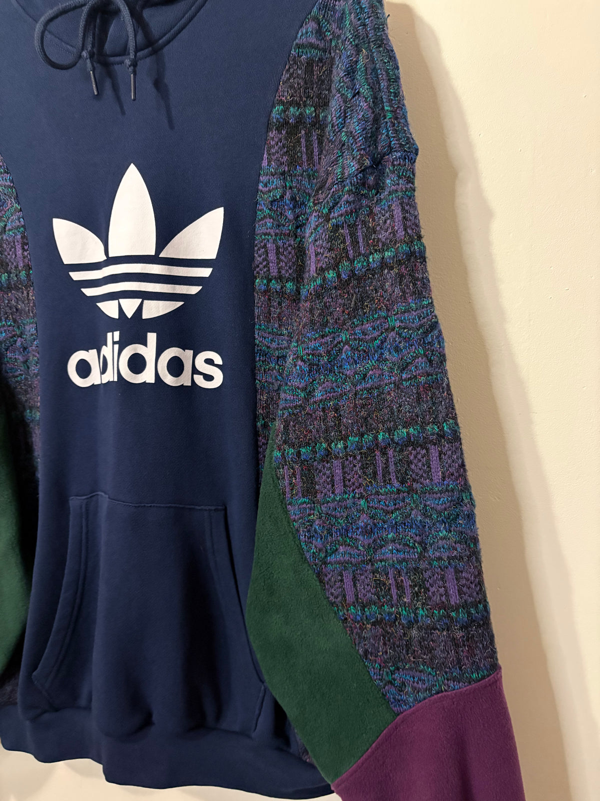 Vintage adidas trefoil logo funky pattern knit patchwork hoodie sweatshirt.