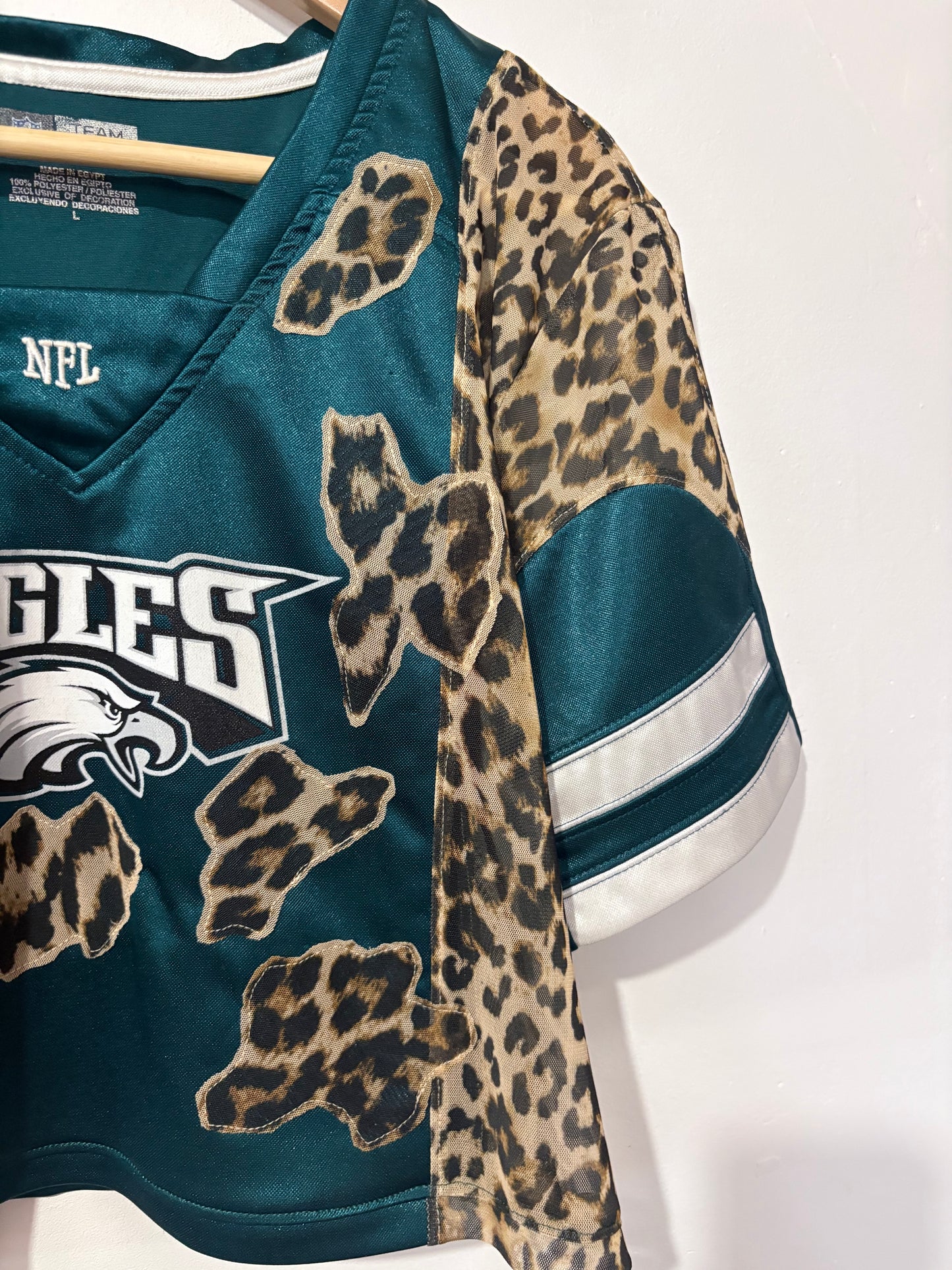 Vintage Y2K NFL Philadelphia Eagles leopard print sheer mesh cropped jersey tshirt.