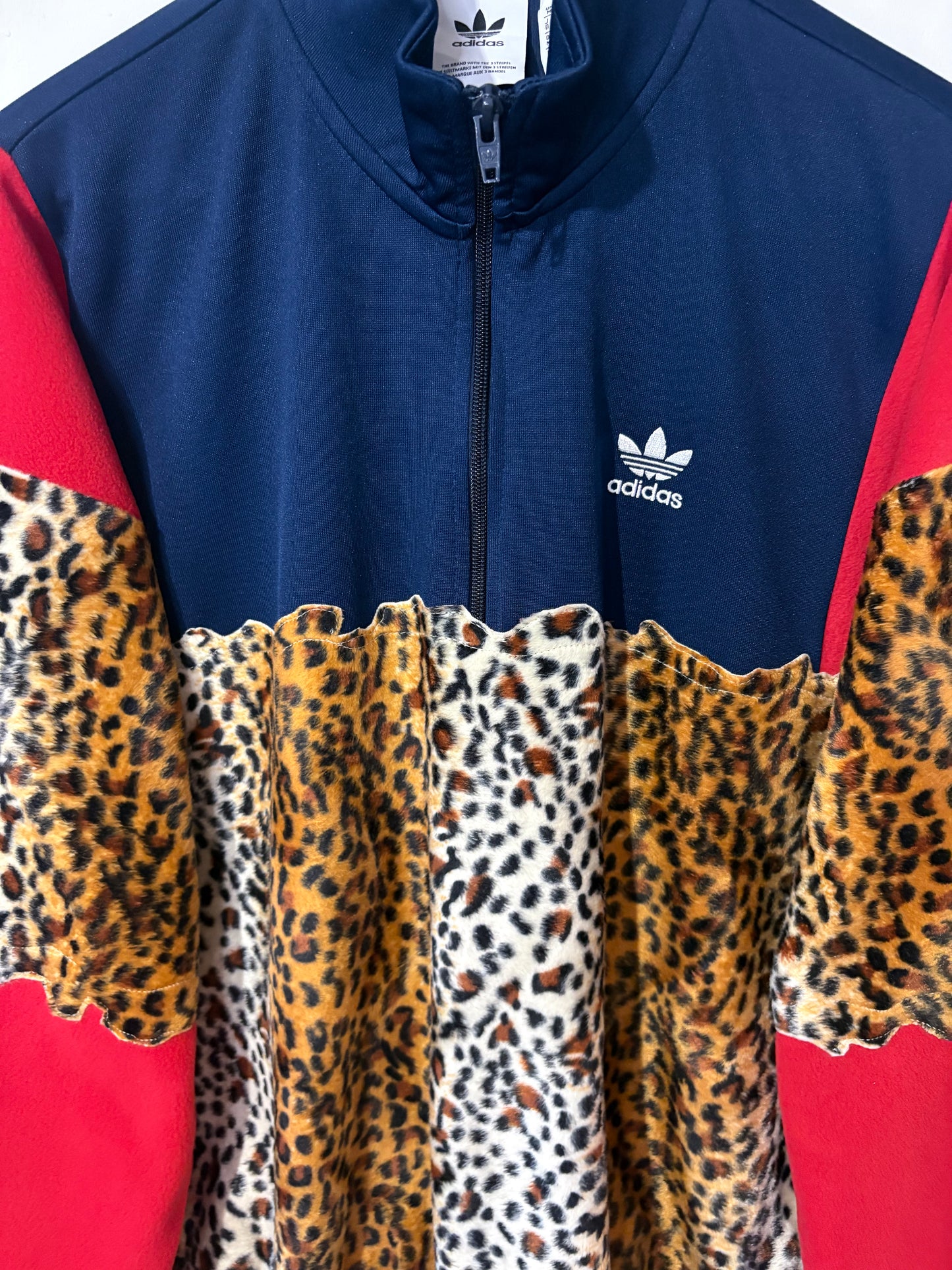 Vintage Y2K Adidas cheetah leopard short fur patchwork 1/4 zip track jacket sweatshirt.