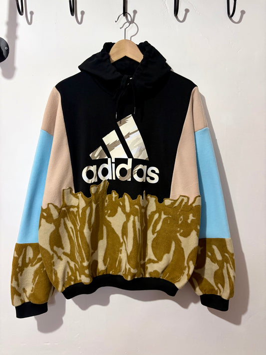 Y2K black adidas logo camouflage and baby blue fleece patchwork hoodie sweatshirt.