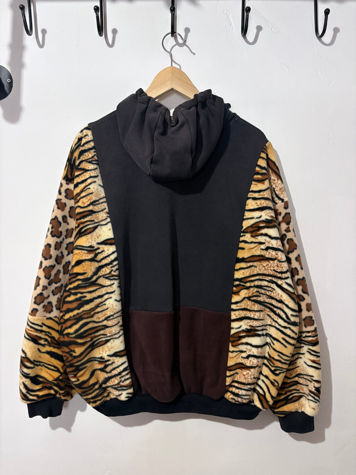 Y2K black adidas camouflage logo tiger and leopard fleece patchwork hoodie sweatshirt.