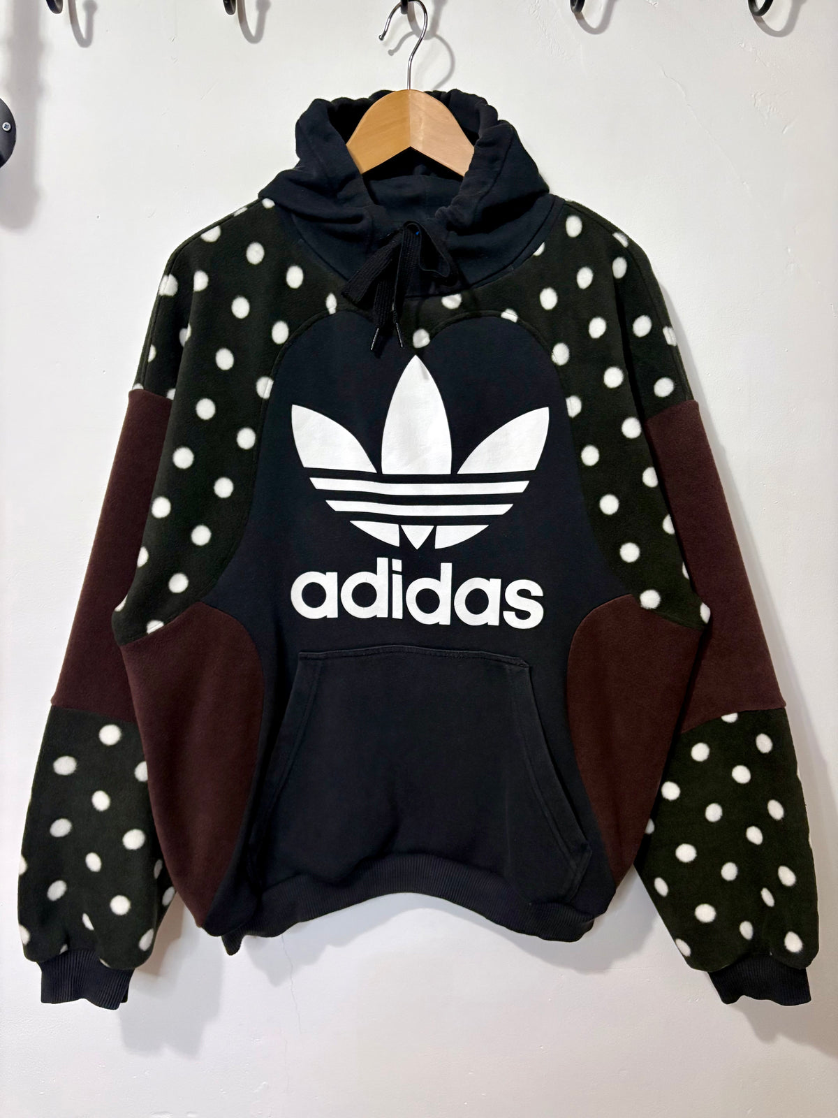 Y2K adidas logo polka dot and brown fleece patchwork hoodie sweatshirt.