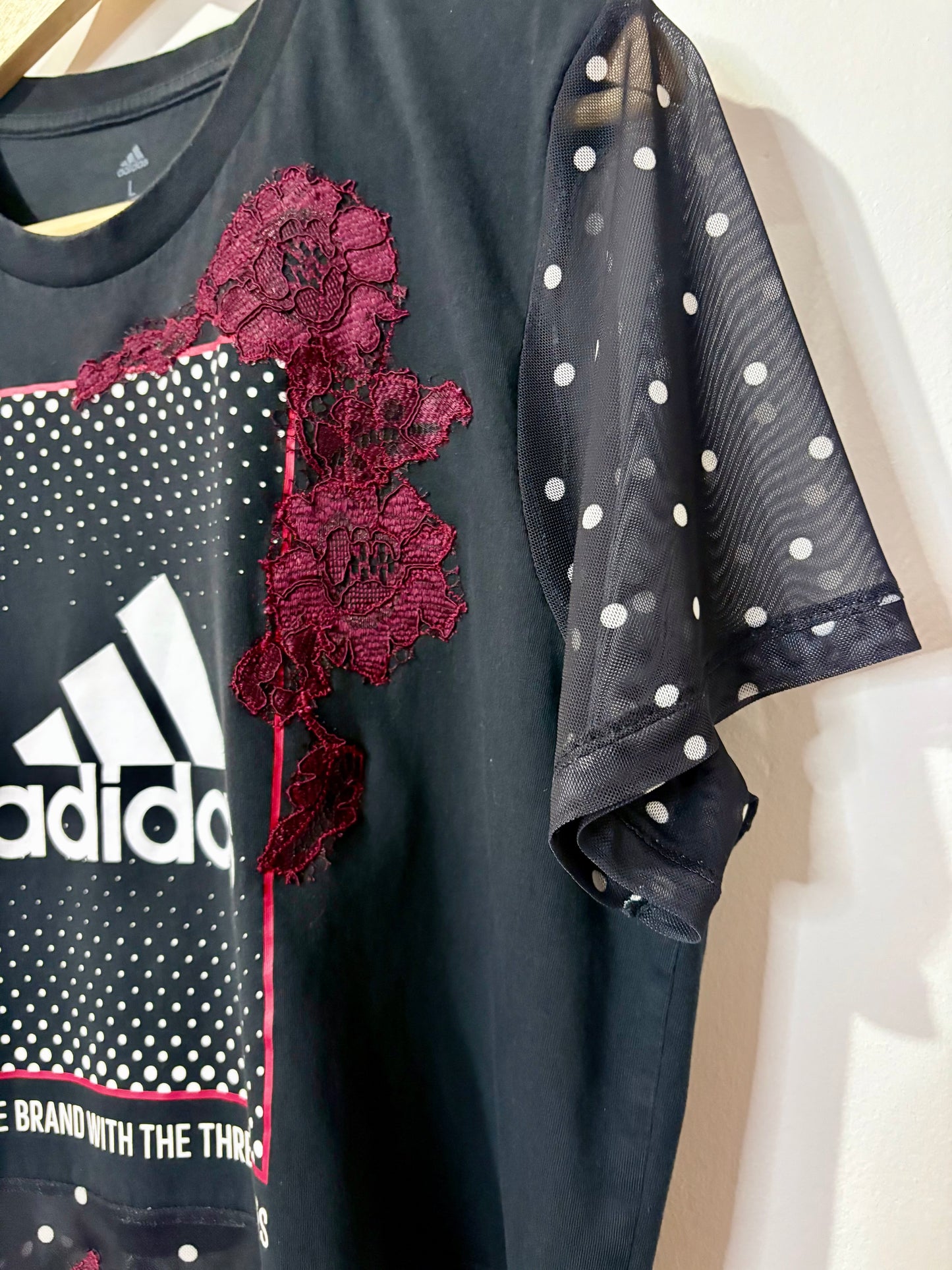 Vintage Y2K adidas polka dot sheer mesh burgundy lace patchwork tshirt