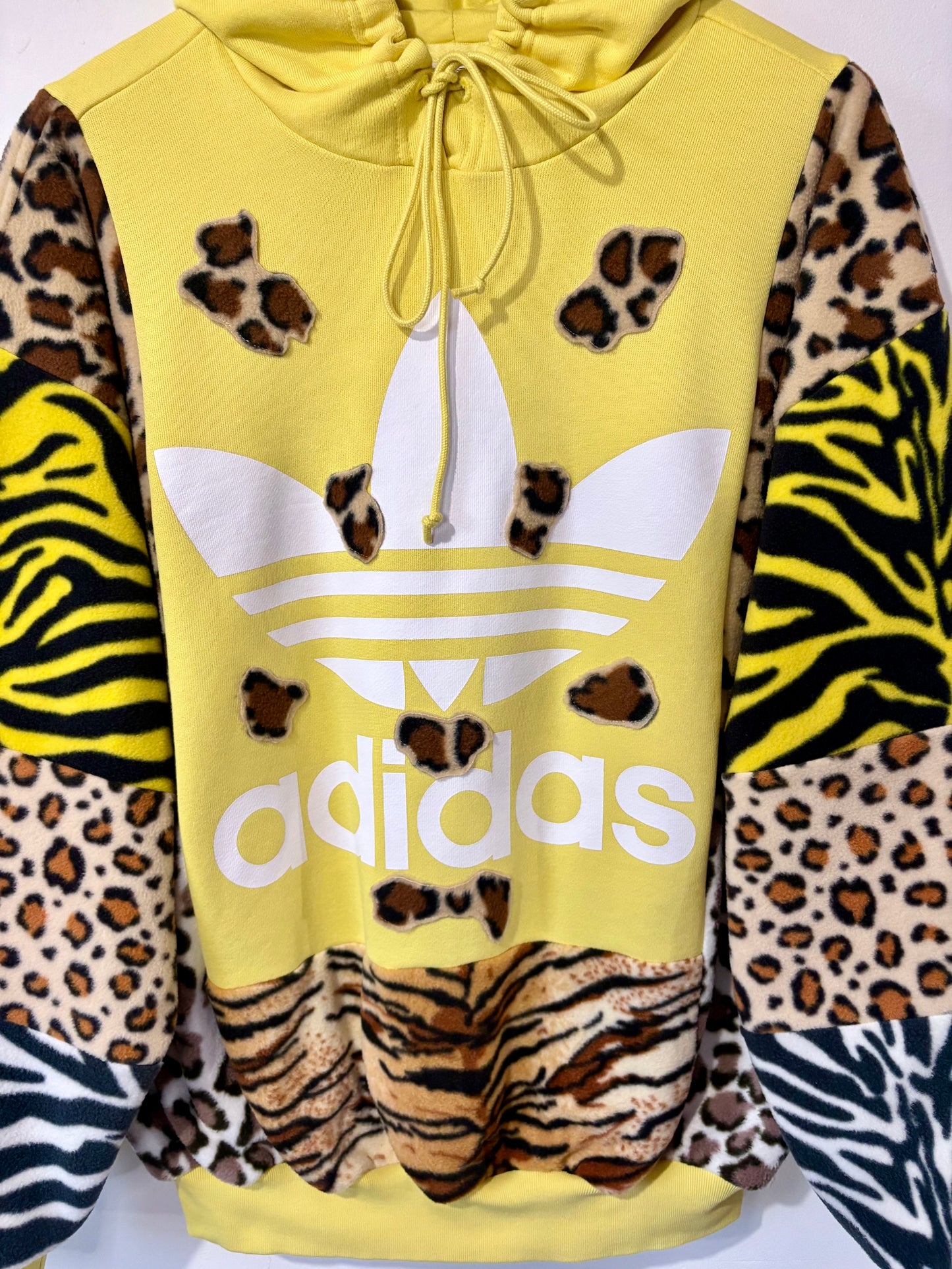 Y2K yellow adidas leopard animal print, patchwork fleece hoodie sweatshirt.
