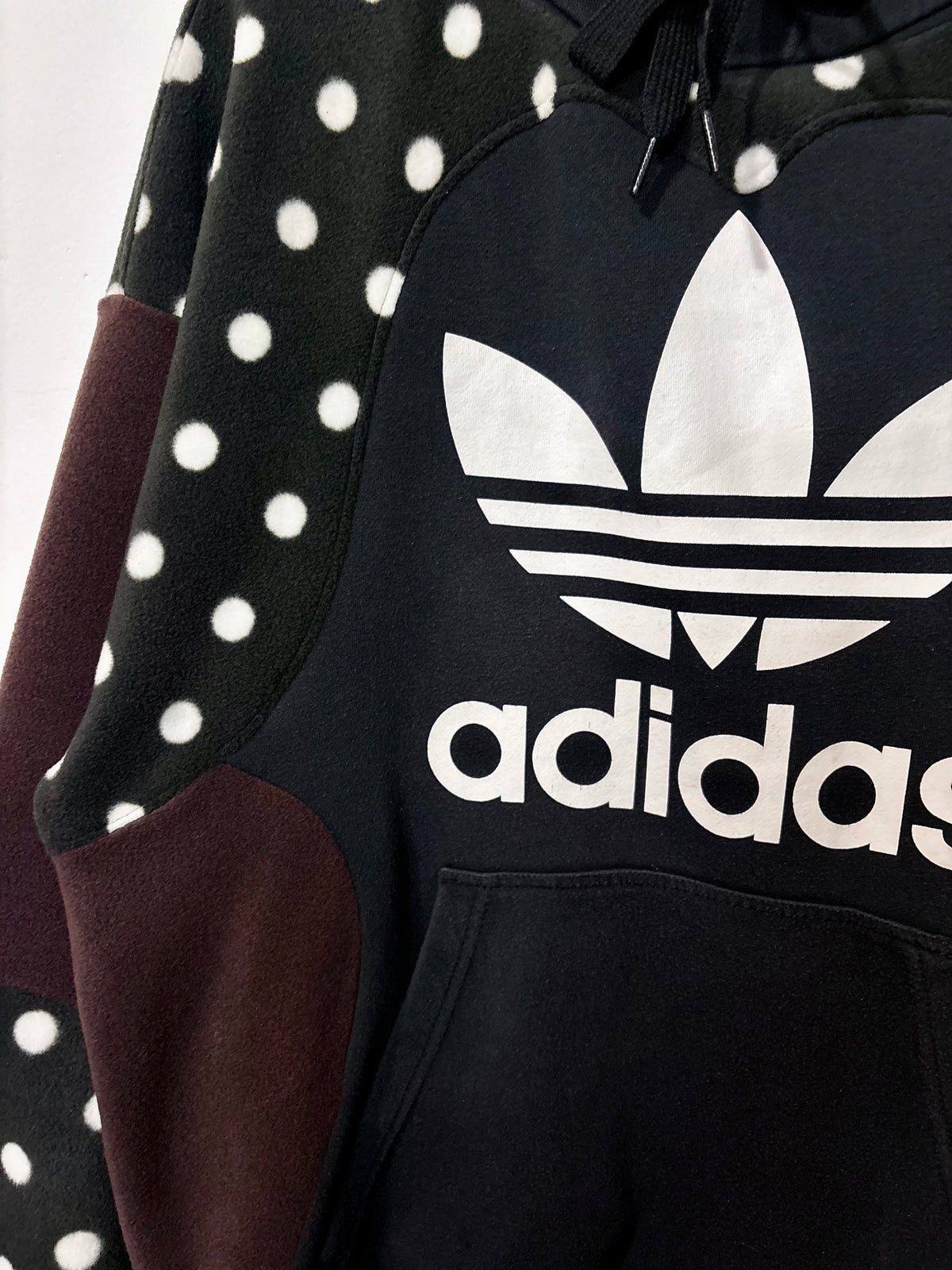 Y2K adidas logo polka dot and brown fleece patchwork hoodie sweatshirt.