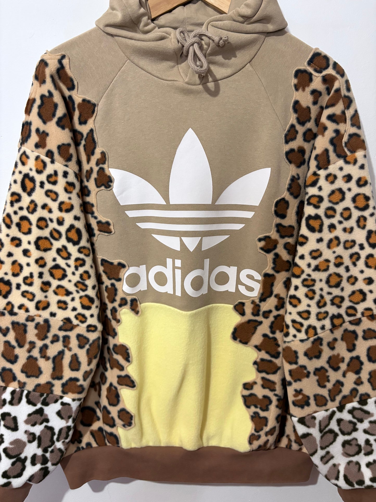 Y2K beige adidas leopard animal print, butter yellow patchwork fleece hoodie sweatshirt