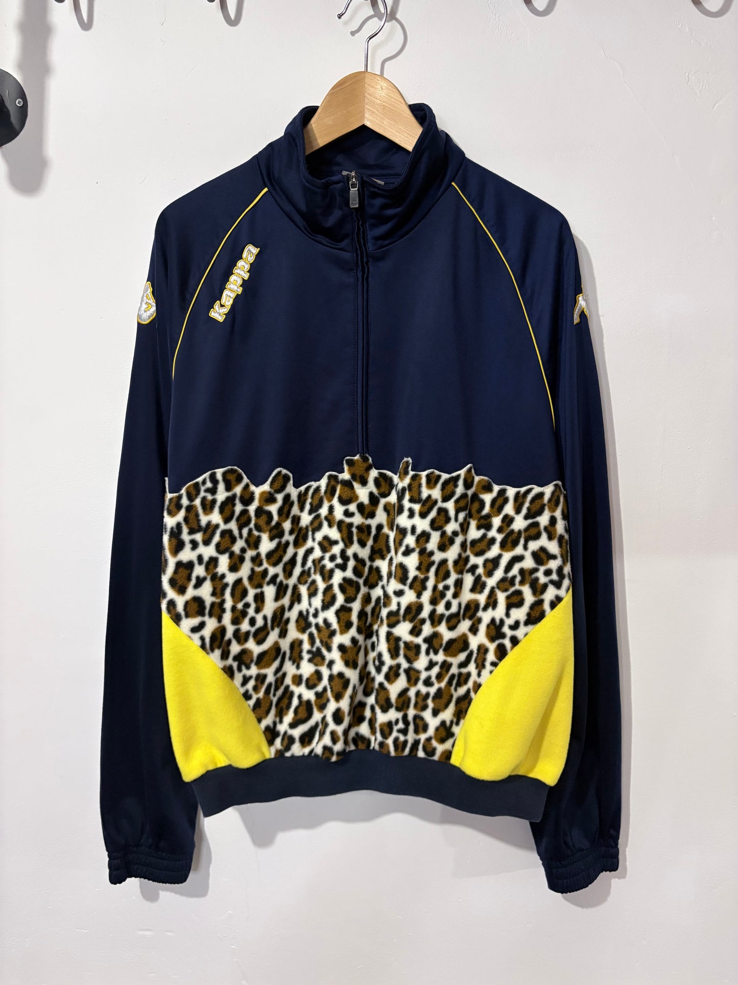 Vintage Y2K Kappa leopard print yellow patchwork fleece 1/4 zip track jacket sweatshirt.
