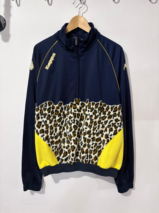 Vintage Y2K Kappa leopard print yellow patchwork fleece 1/4 zip track jacket sweatshirt.