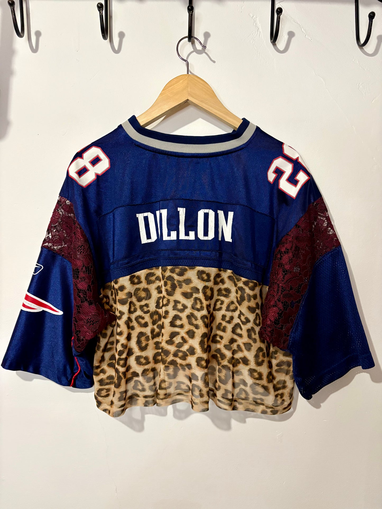 Vintage Y2K Reebok NFL New England Patriots leopard mesh, burgundy lace patchwork cropped jersey tshirt.