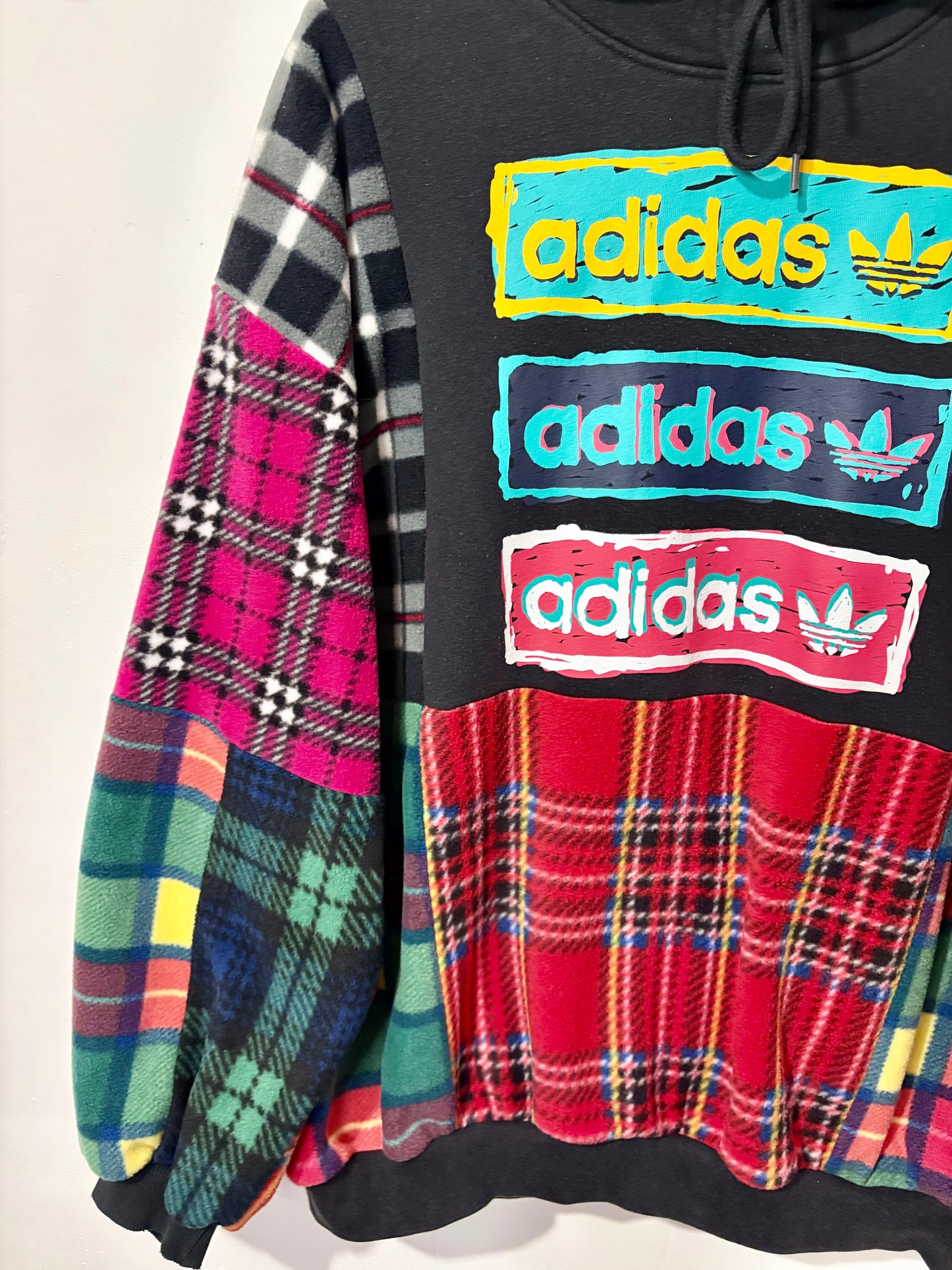 Y2K black adidas tartan checked fleece patchwork hoodie sweatshirt.