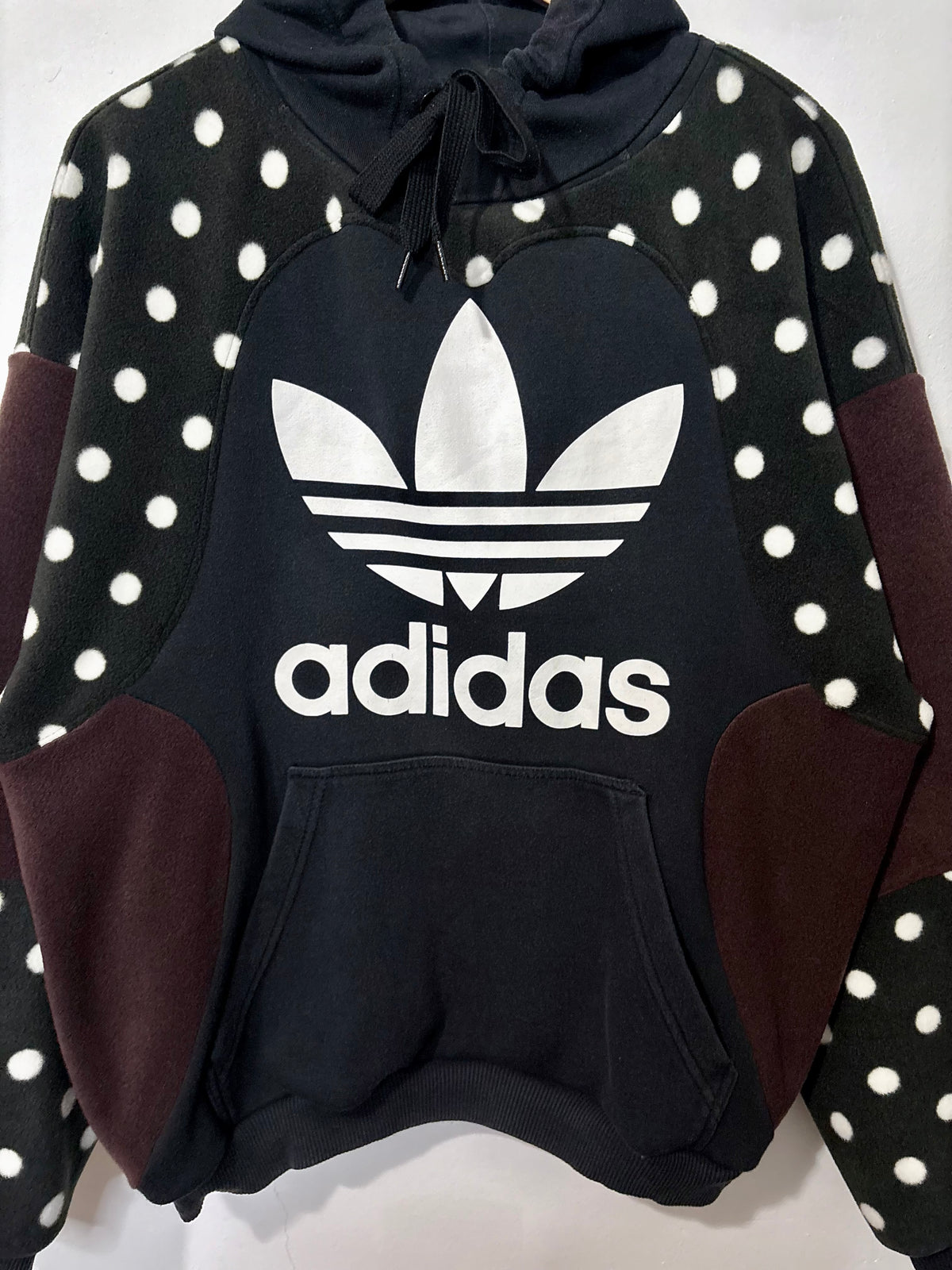 Y2K adidas logo polka dot and brown fleece patchwork hoodie sweatshirt.