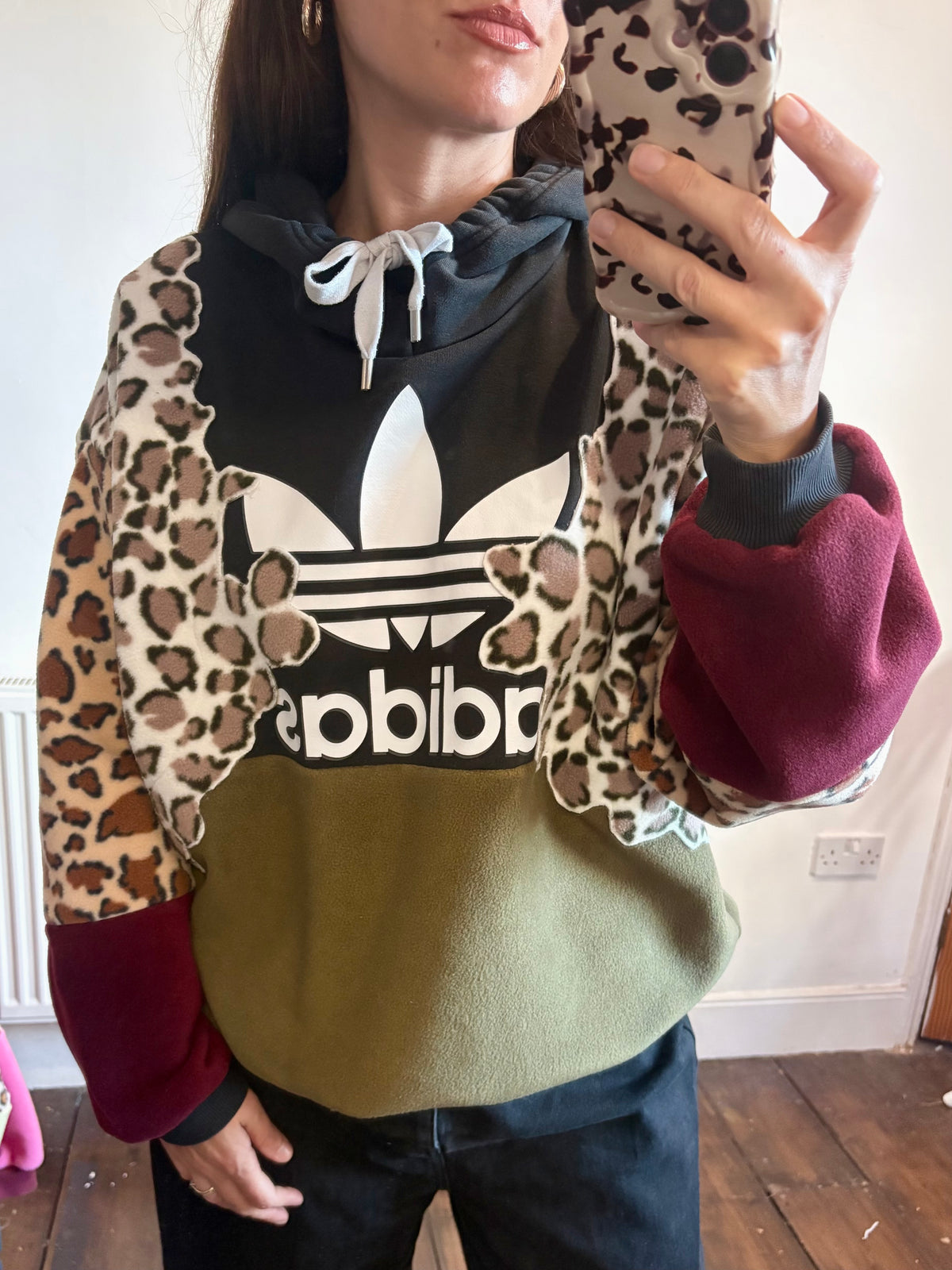 Y2K black adidas logo leopard print, khaki and burgundy fleece patchwork hoodie sweatshirt.