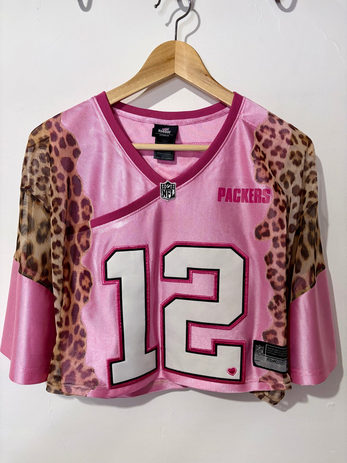 Vintage Y2K NFL Green Bay Packers leopard print sheer mesh cropped jersey tshirt.