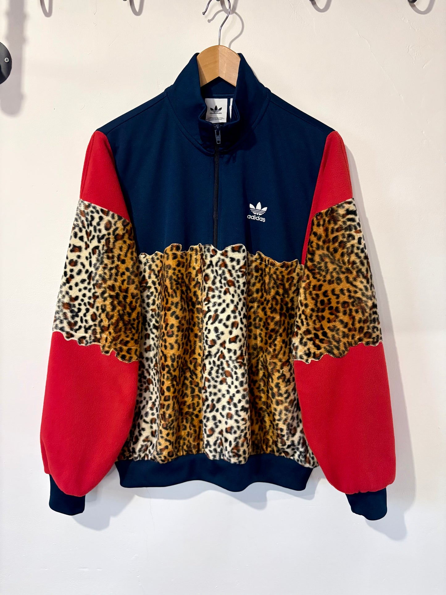 Vintage Y2K Adidas cheetah leopard short fur patchwork 1/4 zip track jacket sweatshirt.