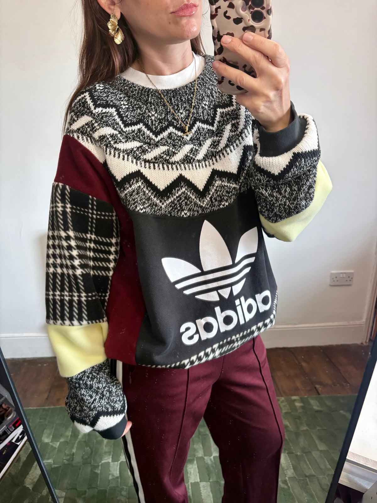 Vintage adidas logo Fair Isle pattern knit burgundy, butter yellow patchwork sweatshirt.