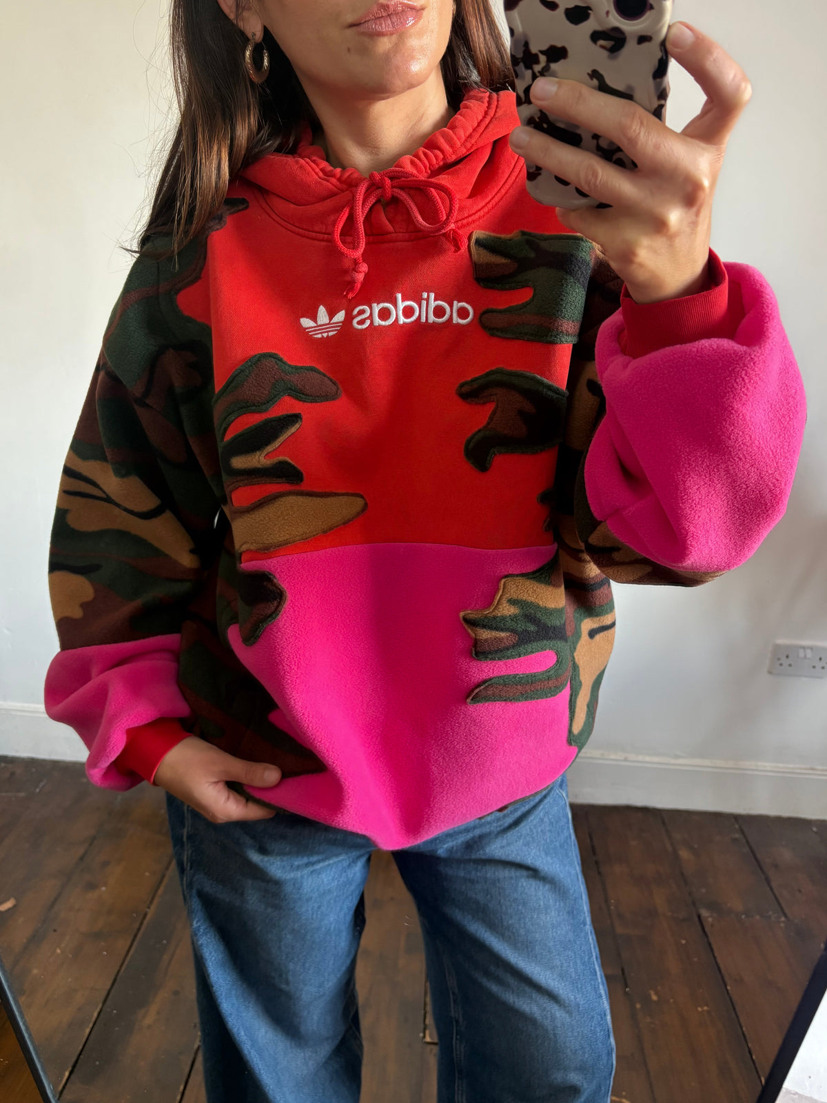 Y2K red adidas camouflage and pink patchwork fleece hoodie sweatshirt.