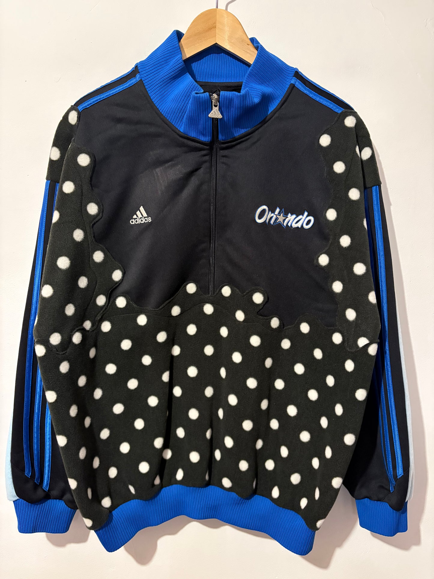 Vintage Y2K Adidas Orlando Magic NBA polka dot fleece patchwork 1/2 zip track jacket sweatshirt.