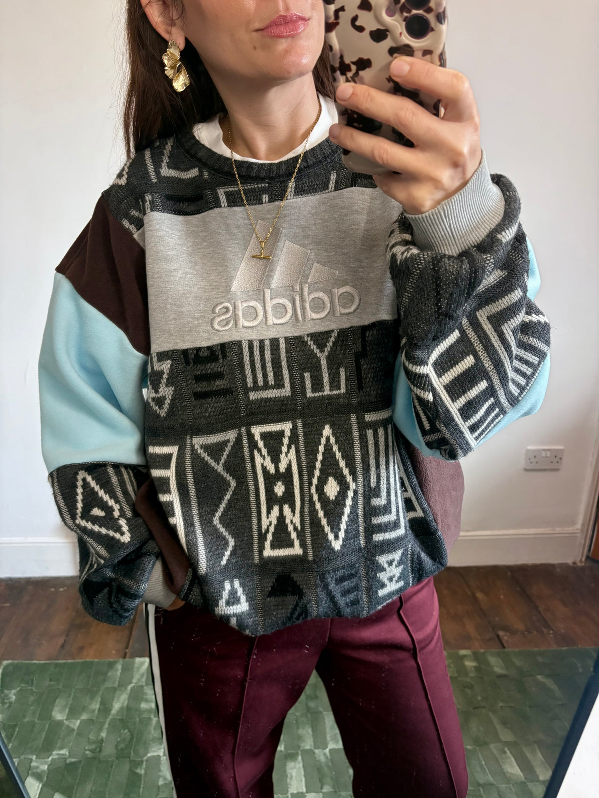 Vintage grey, brown and baby blue adidas logo funky pattern knit patchwork sweatshirt.