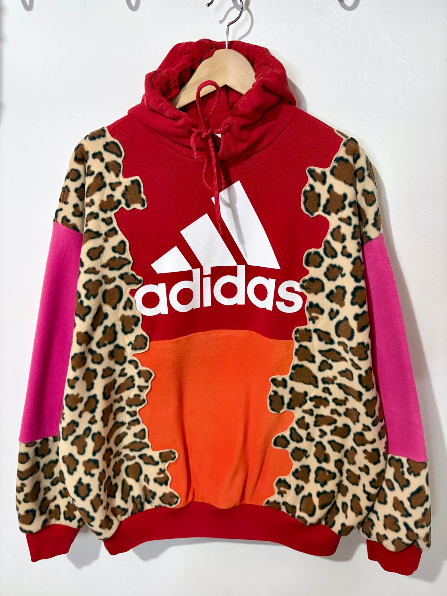 Y2K red adidas trefoil logo leopard print, pink and orange patchwork fleece hoodie sweatshirt.