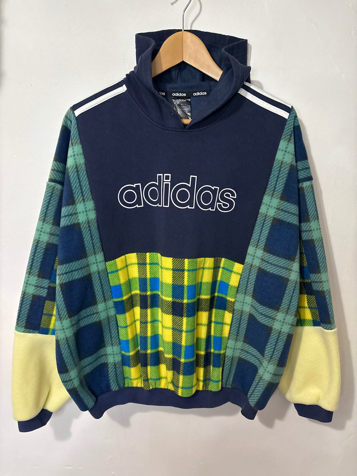 Y2K navy adidas spell out logo clashing checked tartan patchwork hoodie sweatshirt.