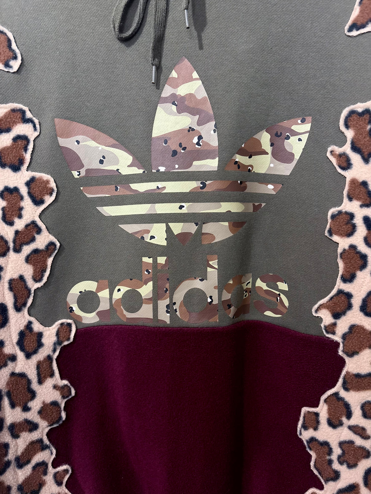 Y2K khaki adidas camouflage logo leopard print and burgundy fleece patchwork hoodie sweatshirt.