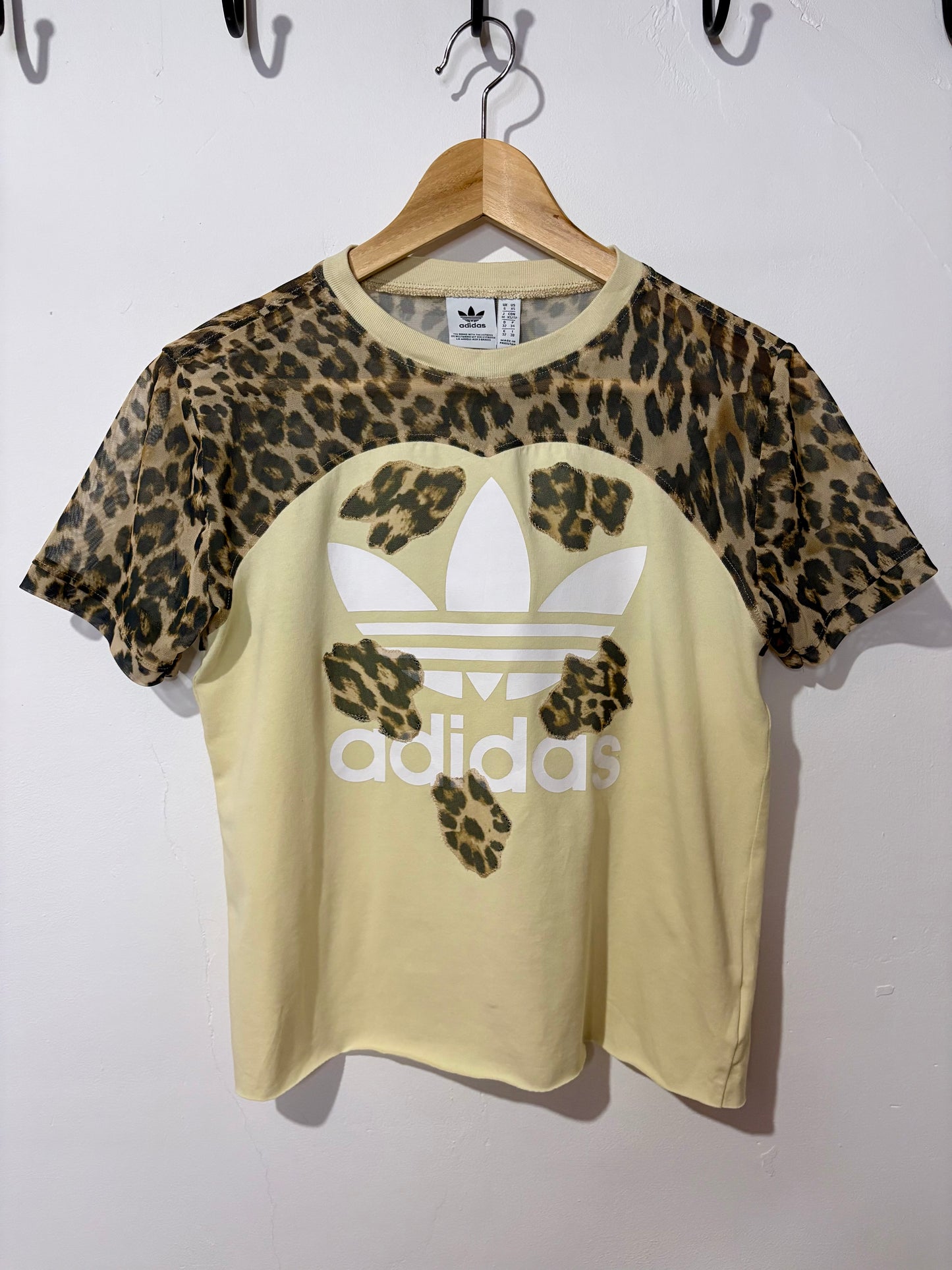 Vintage Y2K butter yellow adidas leopard print sheer mesh patchwork baby tee tshirt.