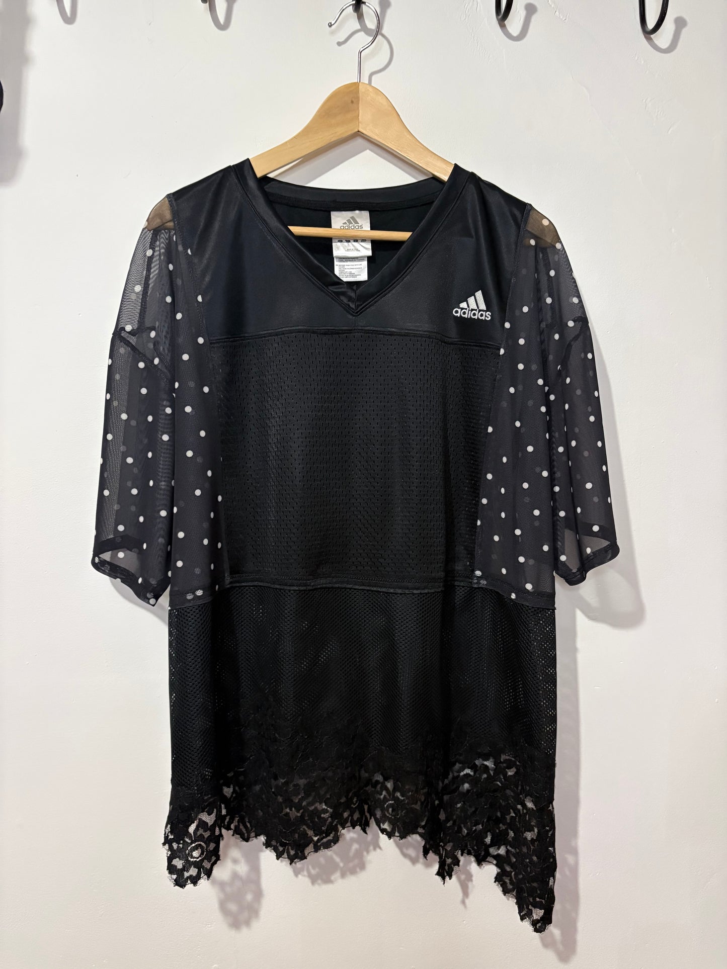 Vintage Y2K adidas polka dot sheer mesh lace patchwork tshirt