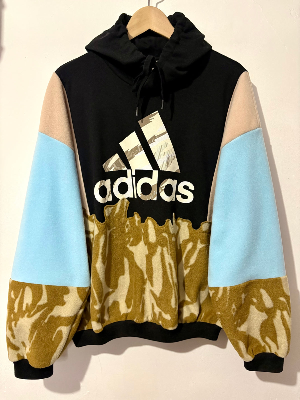 Y2K black adidas logo camouflage and baby blue fleece patchwork hoodie sweatshirt.