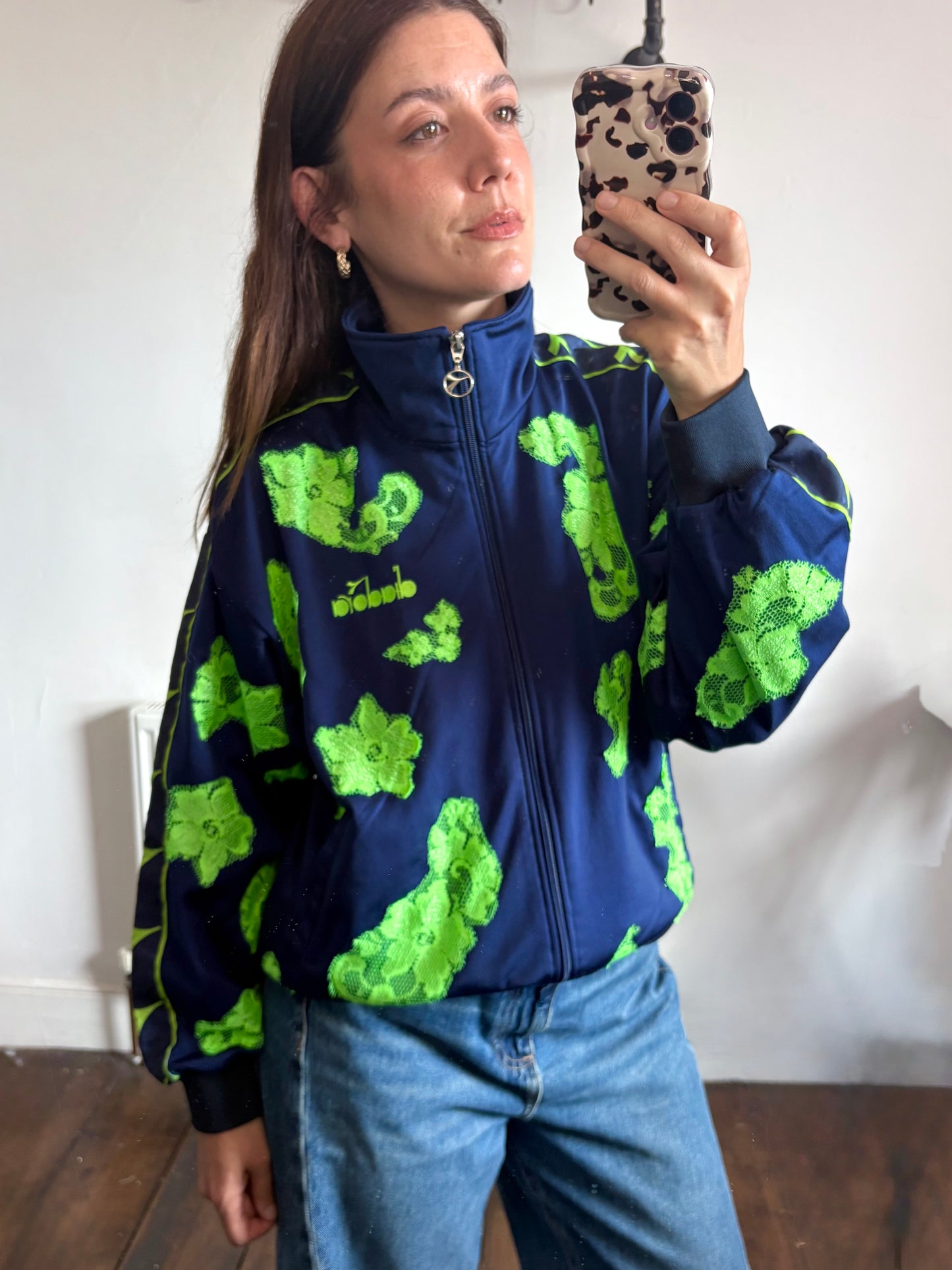 Vintage Y2K diadora lime green  lace patchwork track jacket.