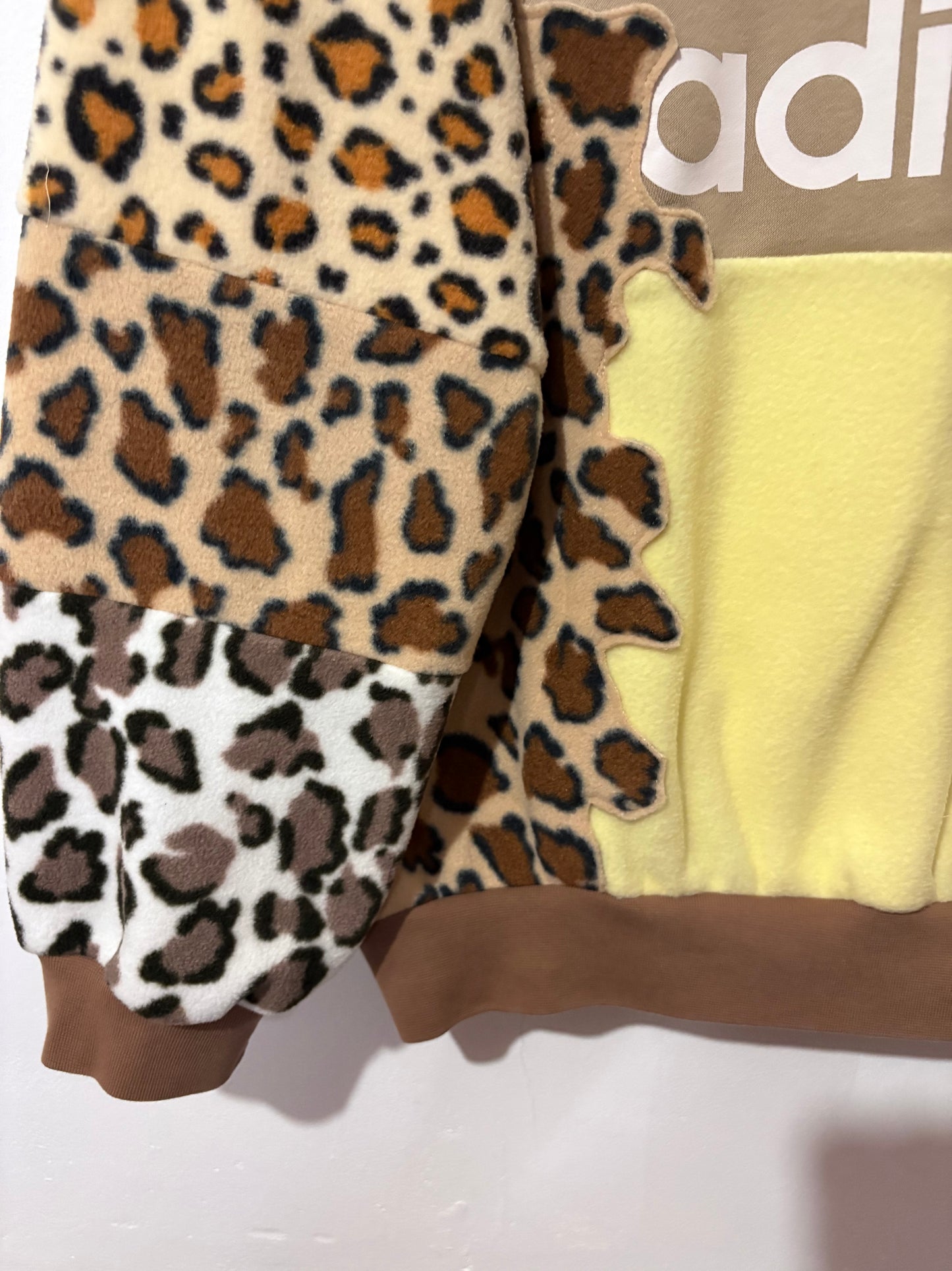 Y2K beige adidas leopard animal print, butter yellow patchwork fleece hoodie sweatshirt