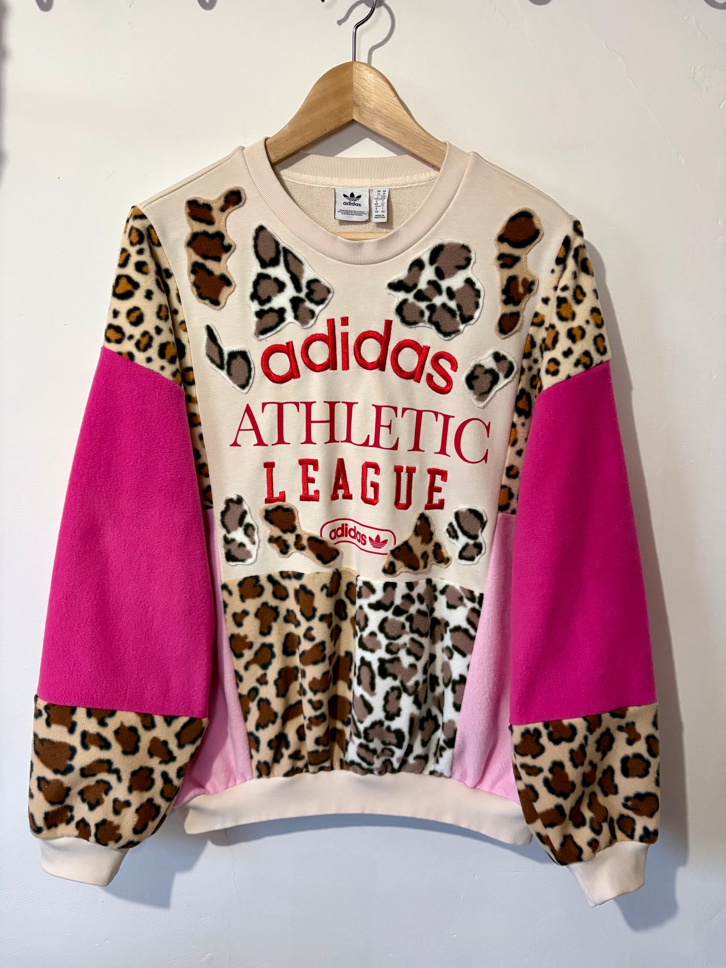 Y2K cream adidas leopard, animal print, pink patchwork fleece sweatshirt.