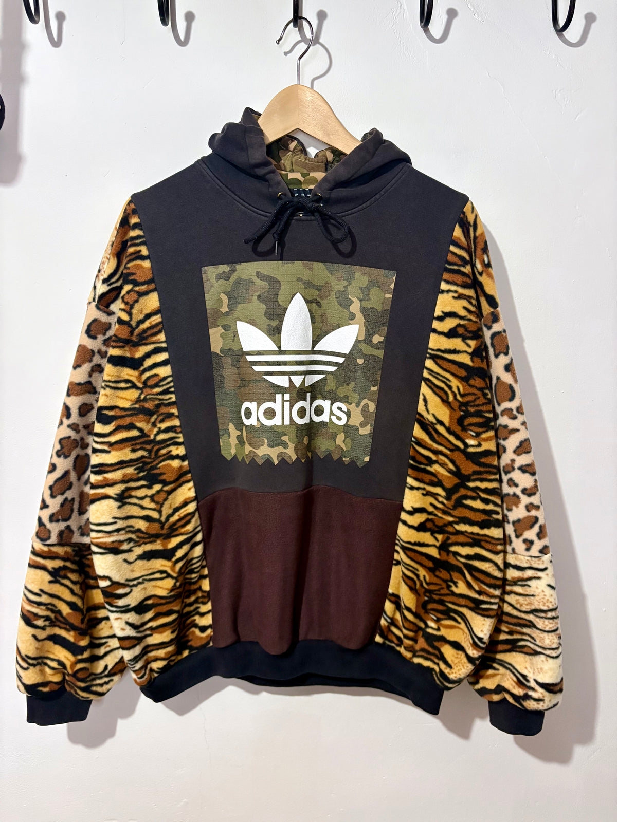 Y2K black adidas camouflage logo tiger and leopard fleece patchwork hoodie sweatshirt.