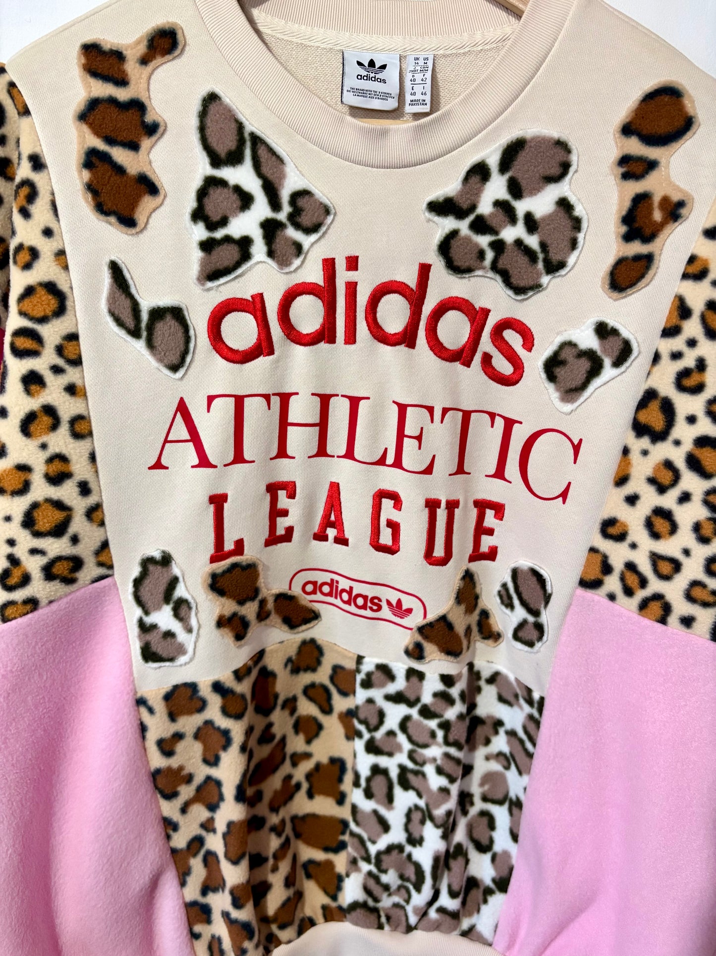 Y2K cream adidas leopard, animal print, pink patchwork fleece sweatshirt.