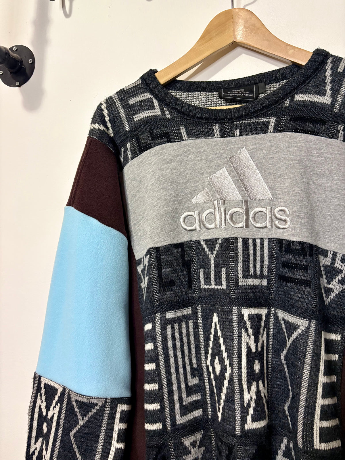 Vintage grey, brown and baby blue adidas logo funky pattern knit patchwork sweatshirt.