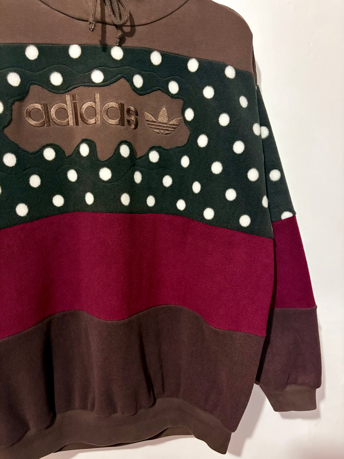 Y2K brown adidas logo polka dot and burgundy fleece stripe patchwork hoodie sweatshirt.