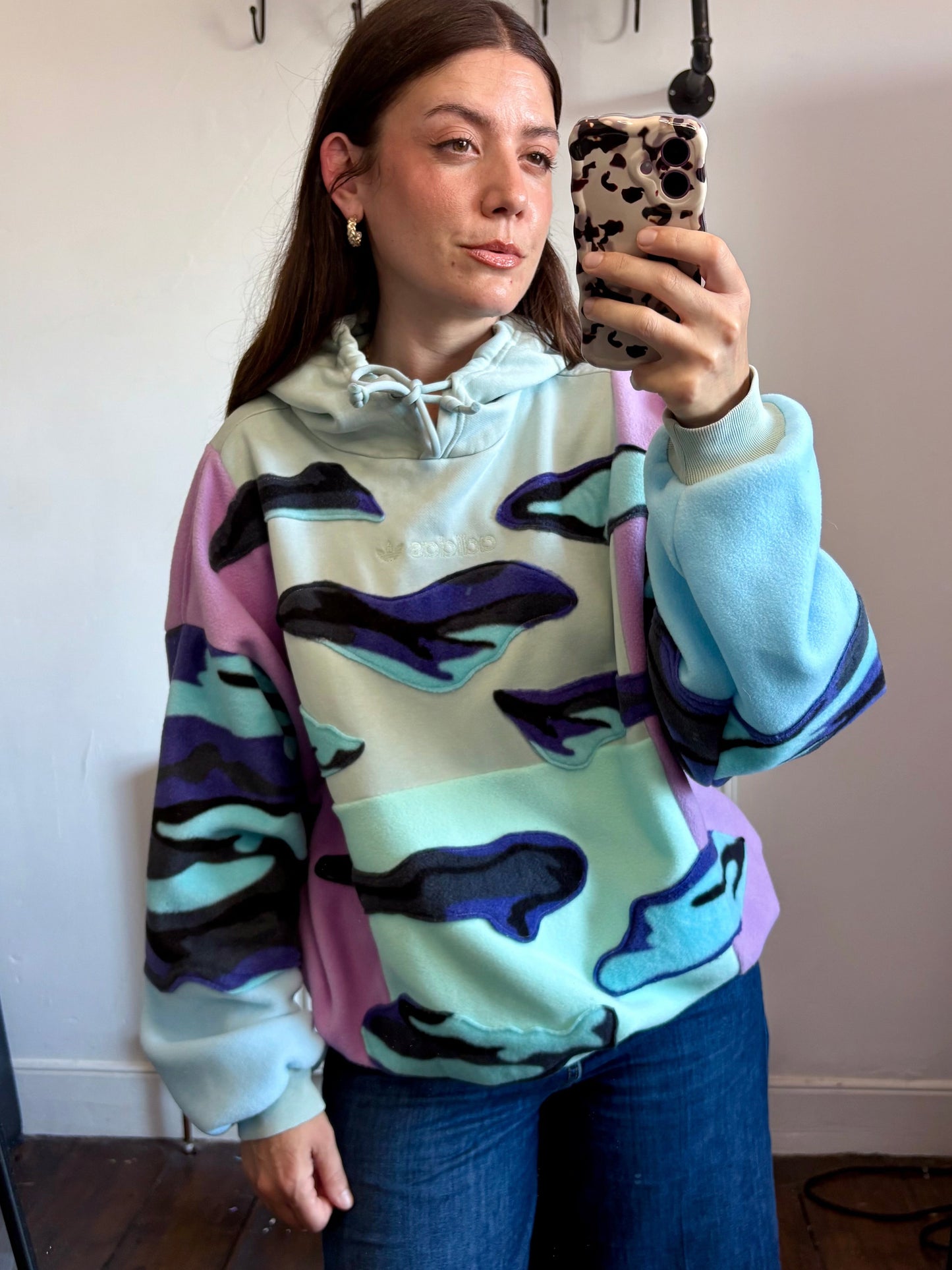Y2K mint green adidas pastel camouflage patchwork fleece hoodie sweatshirt.