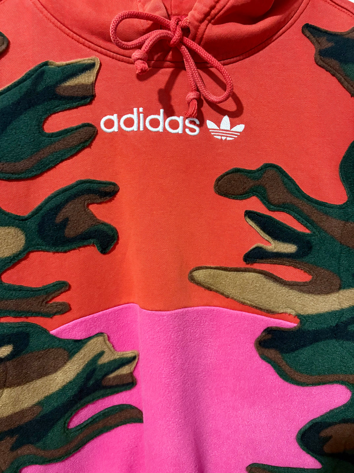 Y2K red adidas camouflage and pink patchwork fleece hoodie sweatshirt.