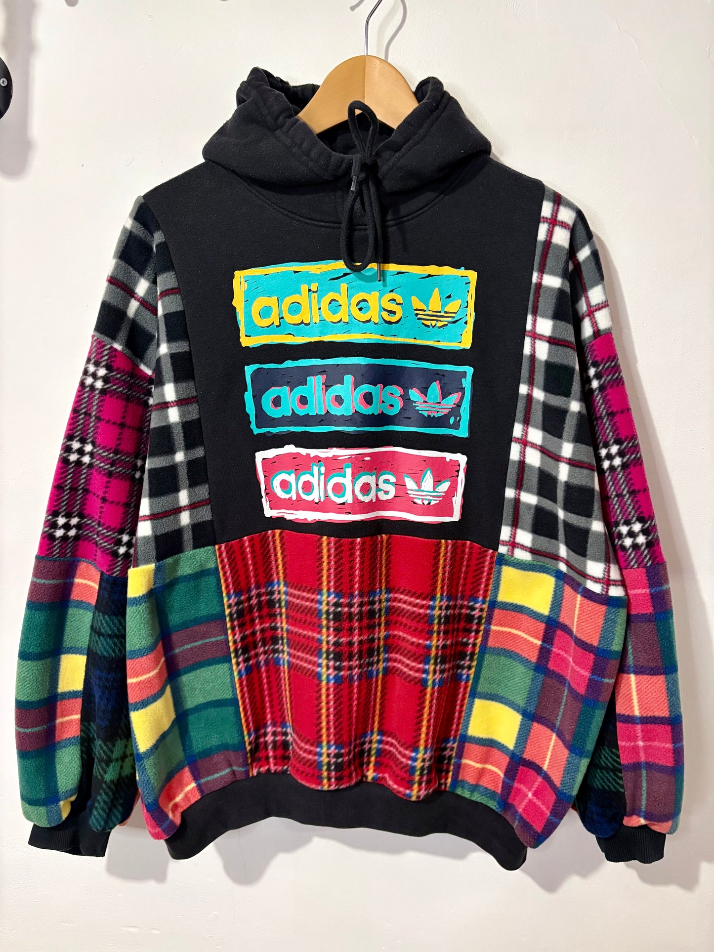 Y2K black adidas tartan checked fleece patchwork hoodie sweatshirt.