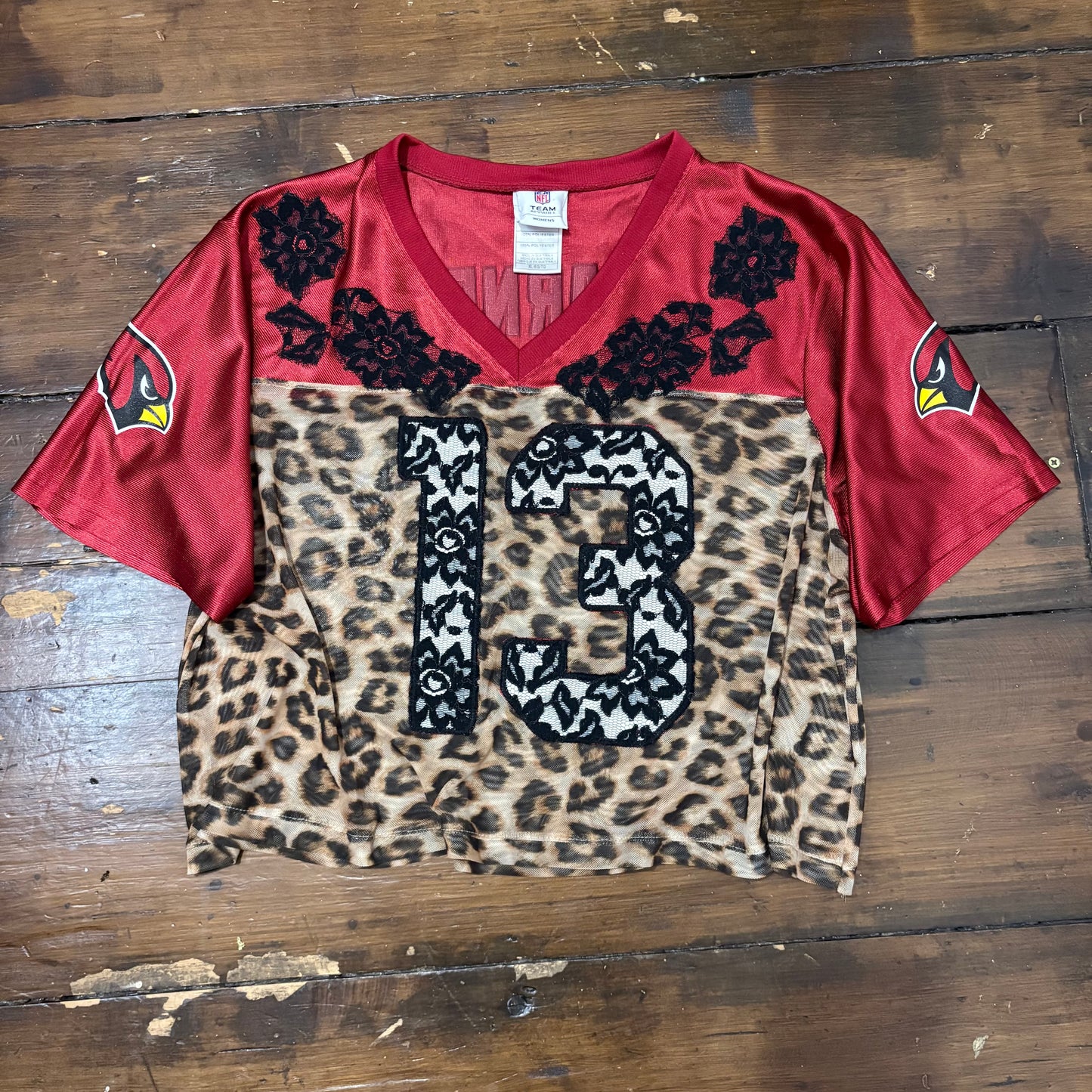 Vintage Y2K NFL Arizona Cardinals leopard print sheer mesh lace cropped jersey tshirt.