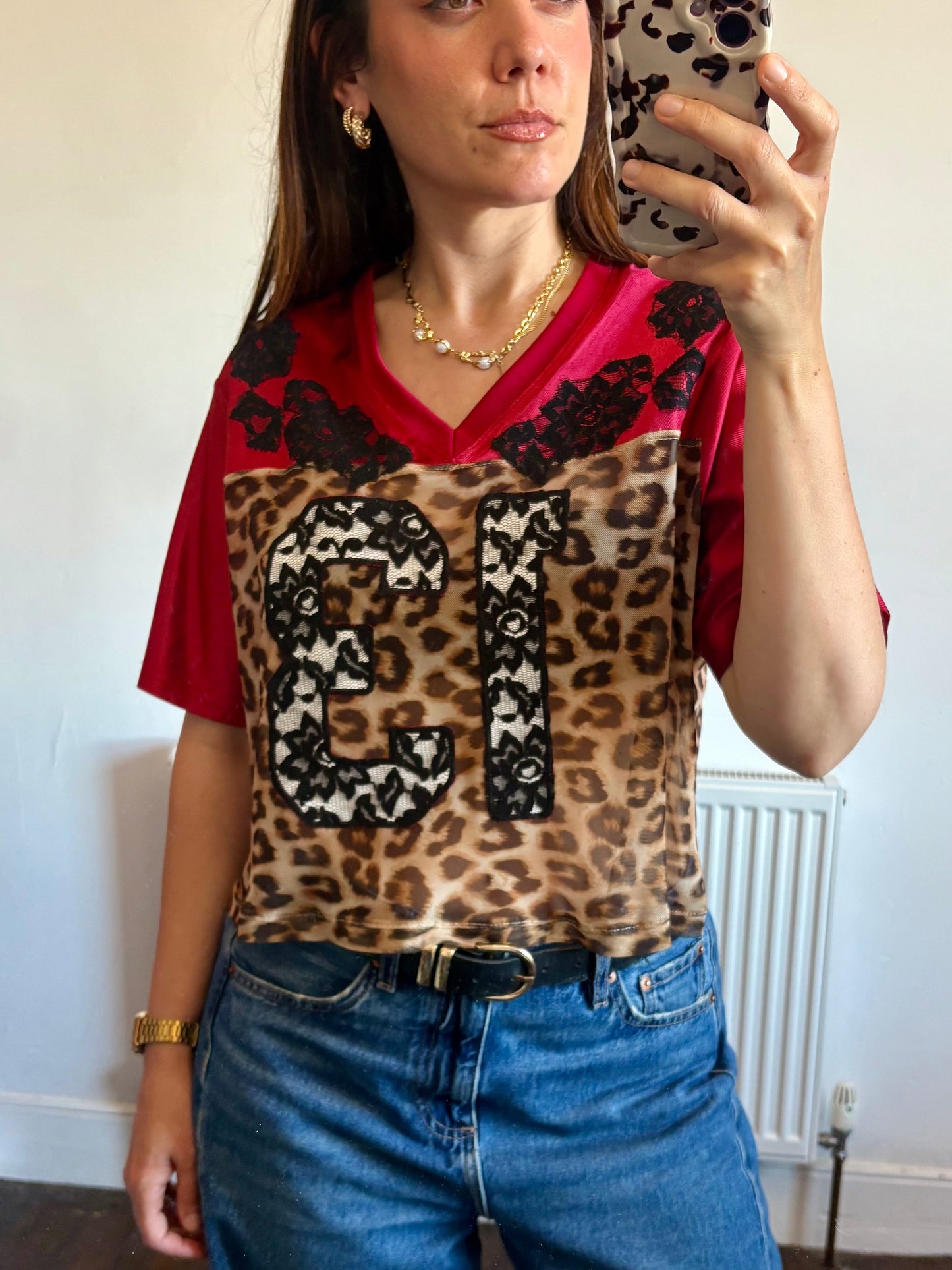 Vintage Y2K NFL Arizona Cardinals leopard print sheer mesh lace cropped jersey tshirt.
