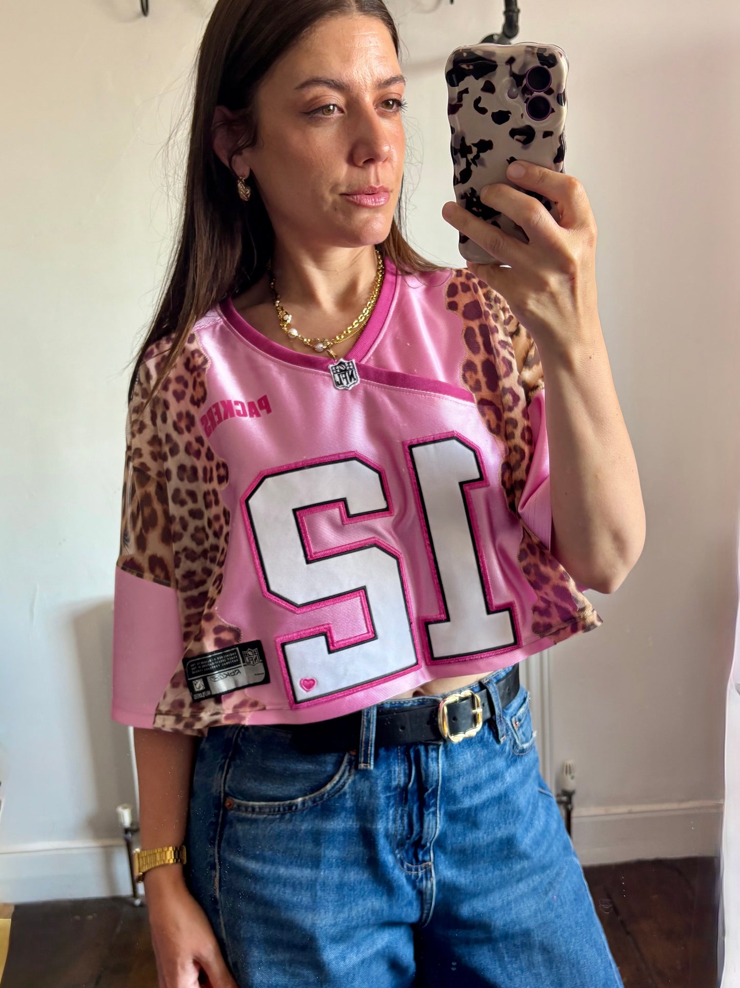 Vintage Y2K NFL Green Bay Packers leopard print sheer mesh cropped jersey tshirt.
