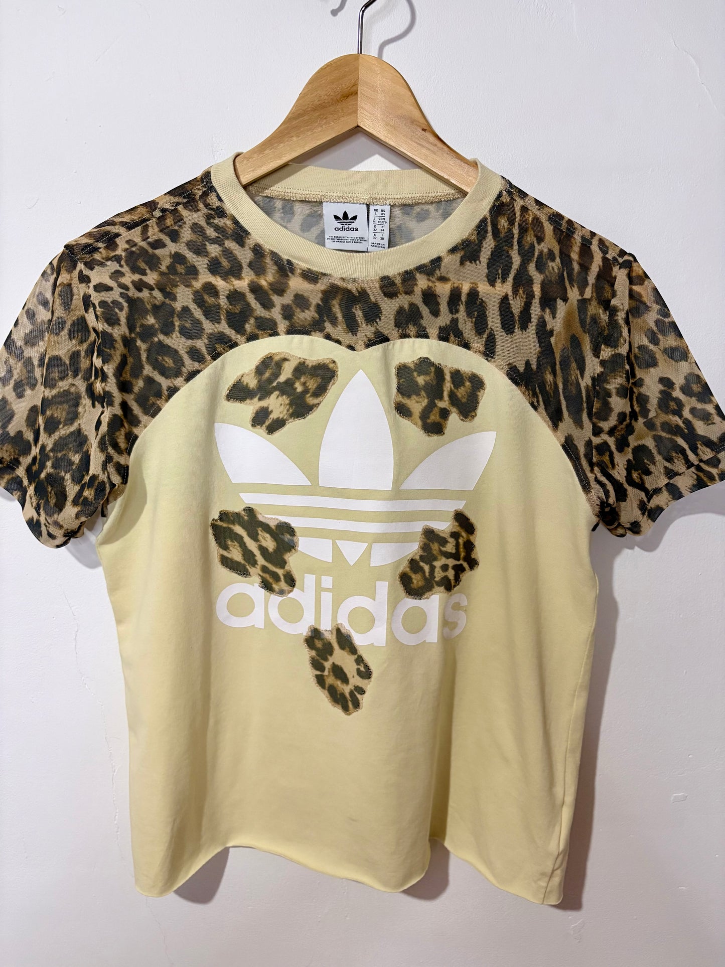 Vintage Y2K butter yellow adidas leopard print sheer mesh patchwork baby tee tshirt.